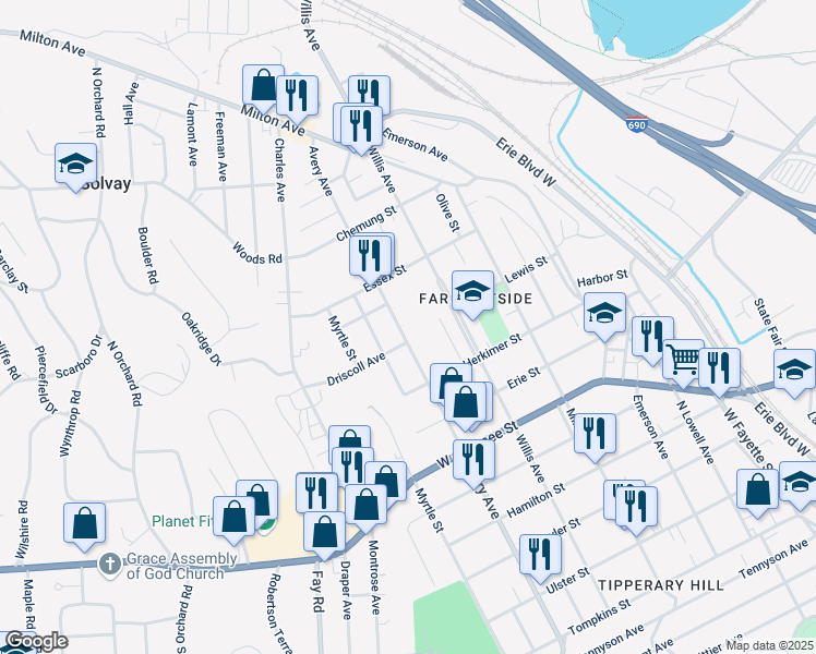 map of restaurants, bars, coffee shops, grocery stores, and more near 912 Avery Avenue in Syracuse