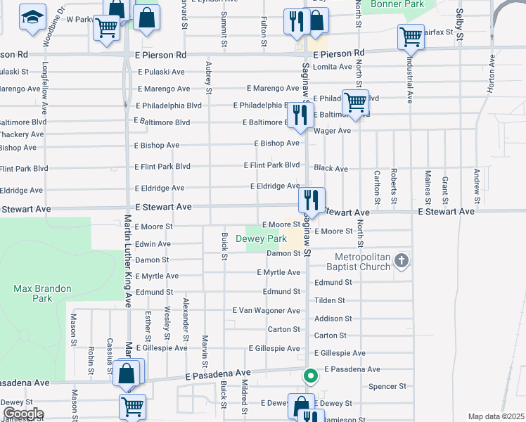 map of restaurants, bars, coffee shops, grocery stores, and more near 517 East Stewart Avenue in Flint