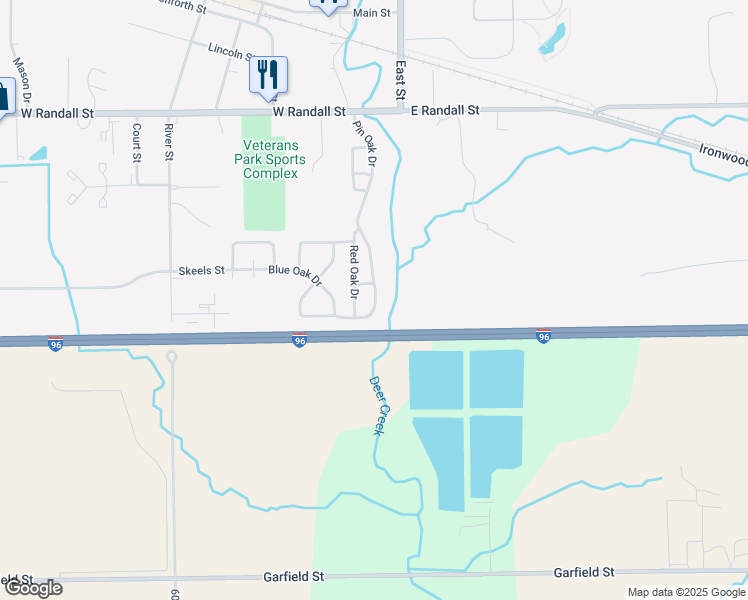 map of restaurants, bars, coffee shops, grocery stores, and more near 261 Red Oak Drive in Coopersville