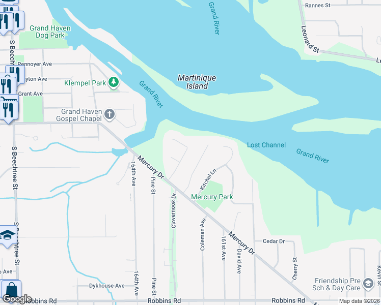 map of restaurants, bars, coffee shops, grocery stores, and more near 15689 Grand Point Drive in Grand Haven
