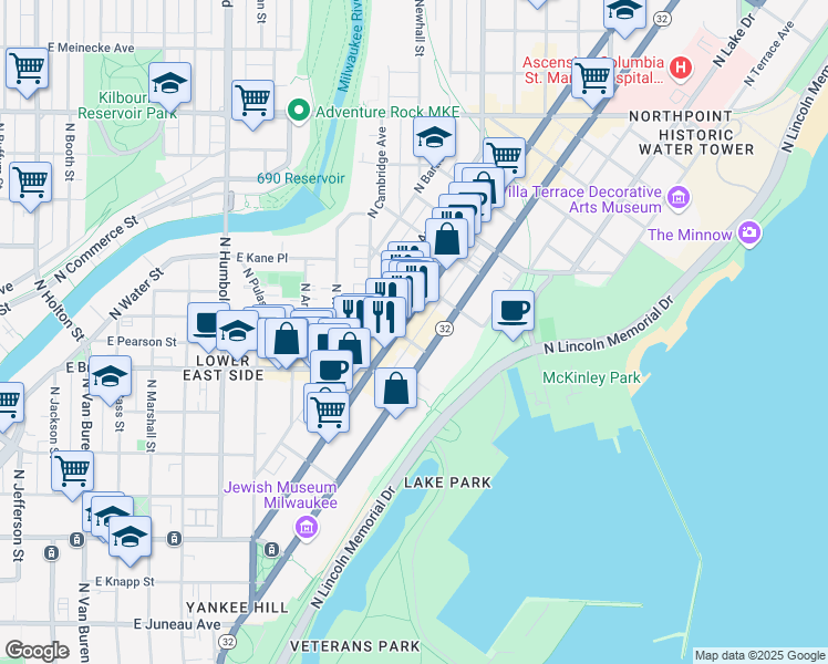 map of restaurants, bars, coffee shops, grocery stores, and more near 1819 North Farwell Avenue in Milwaukee