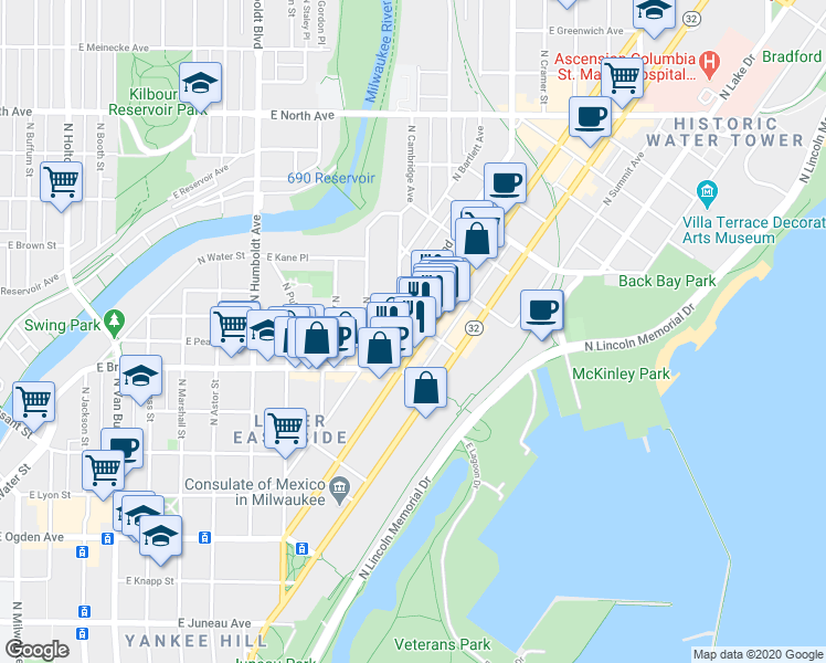 map of restaurants, bars, coffee shops, grocery stores, and more near 1809 North Oakland Avenue in Milwaukee
