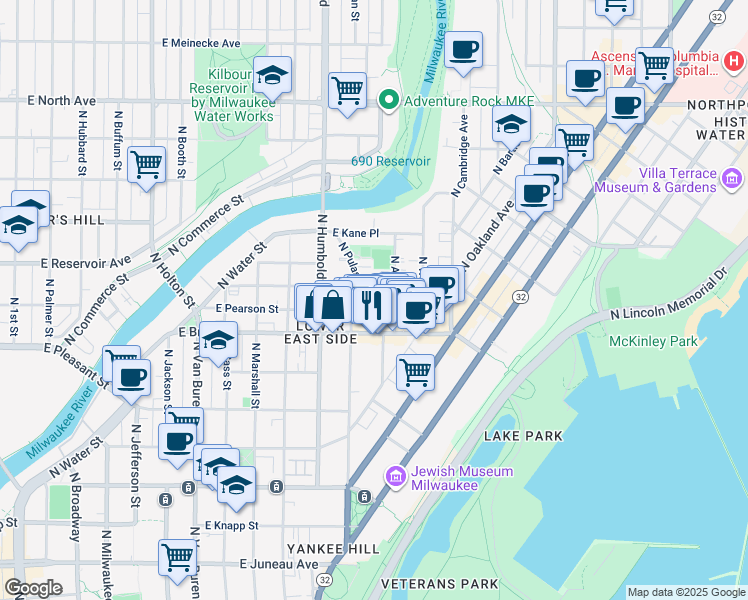 map of restaurants, bars, coffee shops, grocery stores, and more near 1803-1805 North Arlington Place in Milwaukee