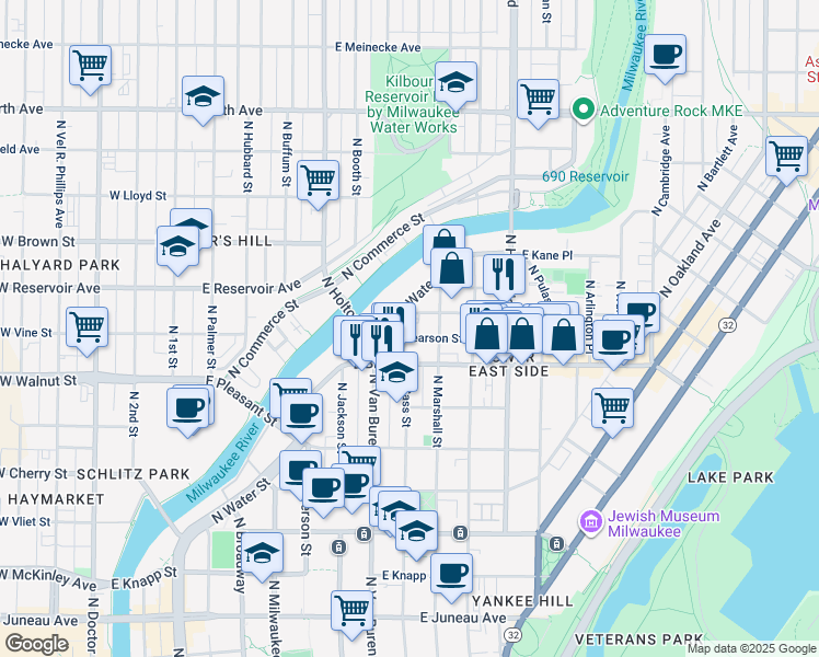 map of restaurants, bars, coffee shops, grocery stores, and more near 818 East Hamilton Street in Milwaukee