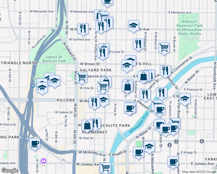 map of restaurants, bars, coffee shops, grocery stores, and more near 1830 North Doctor Martin Luther King Junior Drive in Milwaukee