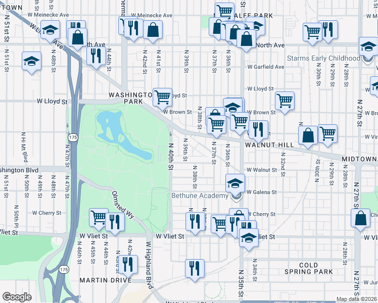 map of restaurants, bars, coffee shops, grocery stores, and more near 3801 West Sarnow Street in Milwaukee