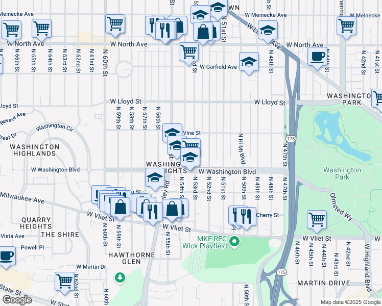 map of restaurants, bars, coffee shops, grocery stores, and more near 1819 North 54th Street in Milwaukee