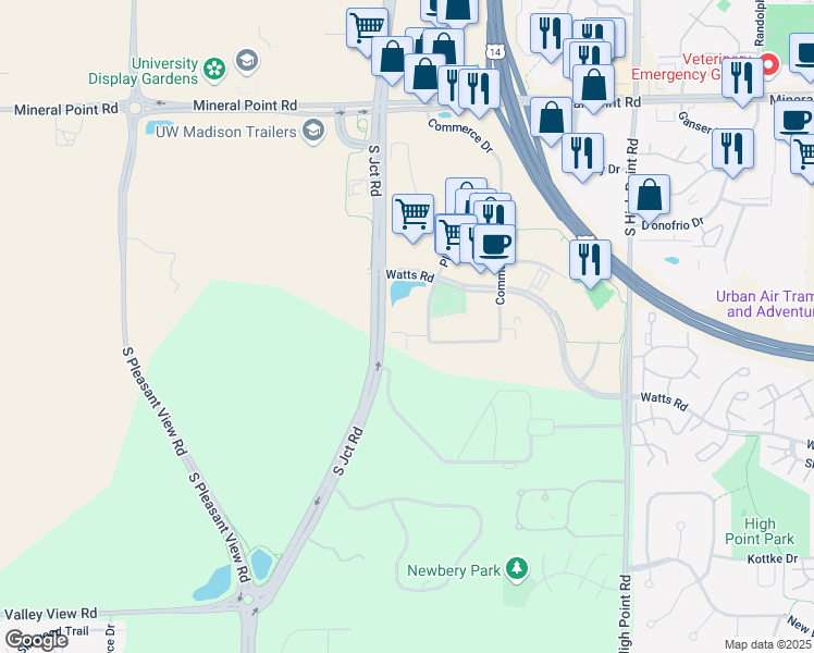 map of restaurants, bars, coffee shops, grocery stores, and more near 508 Plaza Drive in Madison