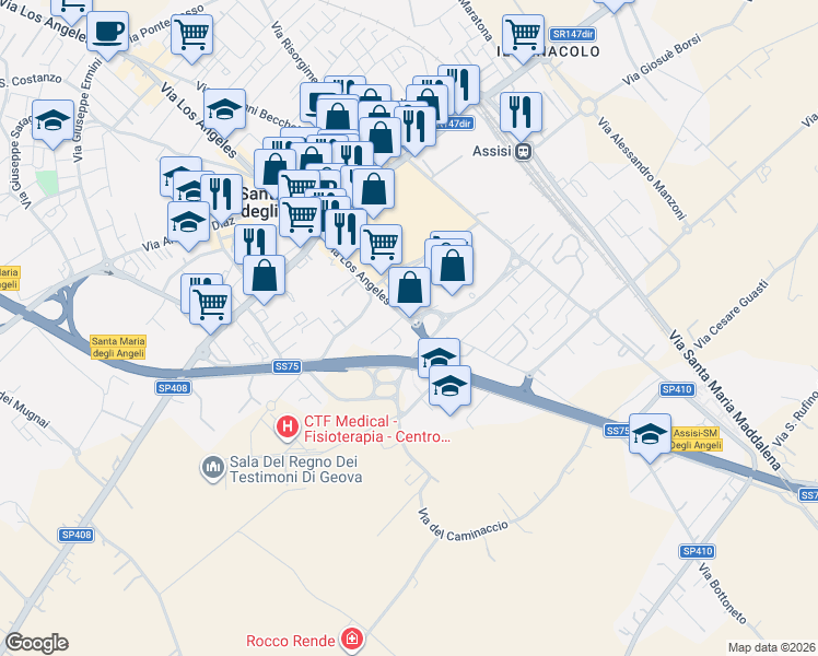 map of restaurants, bars, coffee shops, grocery stores, and more near 1 Via Los Angeles in Santa Maria degli Angeli