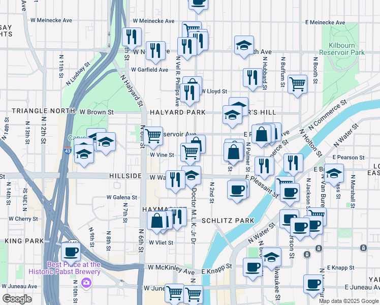 map of restaurants, bars, coffee shops, grocery stores, and more near 1821 North Doctor Martin Luther King Junior Drive in Milwaukee