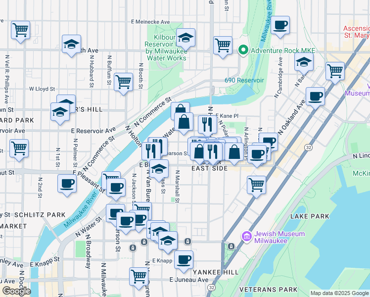 map of restaurants, bars, coffee shops, grocery stores, and more near 904 East Pearson Street in Milwaukee