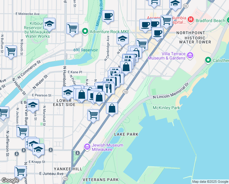 map of restaurants, bars, coffee shops, grocery stores, and more near 1800 North Farwell Avenue in Milwaukee