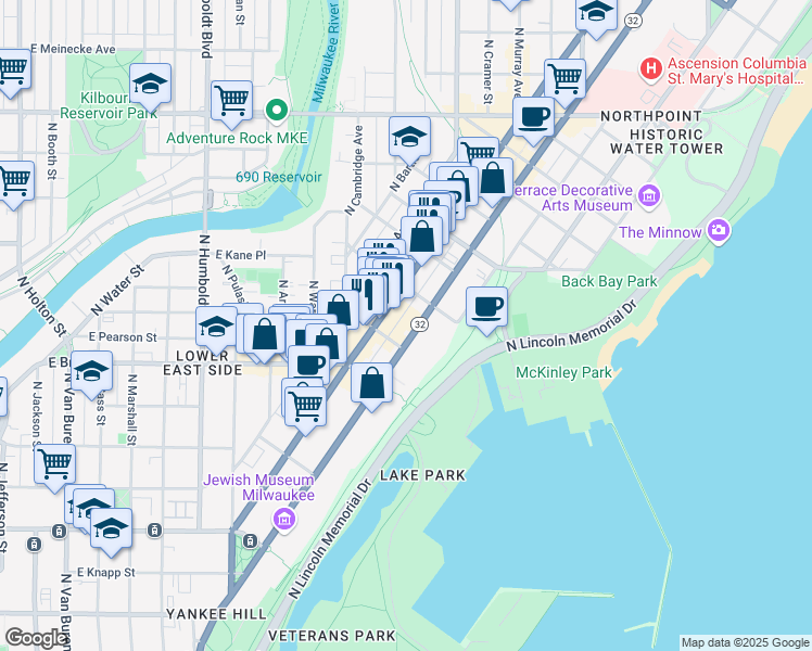 map of restaurants, bars, coffee shops, grocery stores, and more near 1825 North Prospect Avenue in Milwaukee