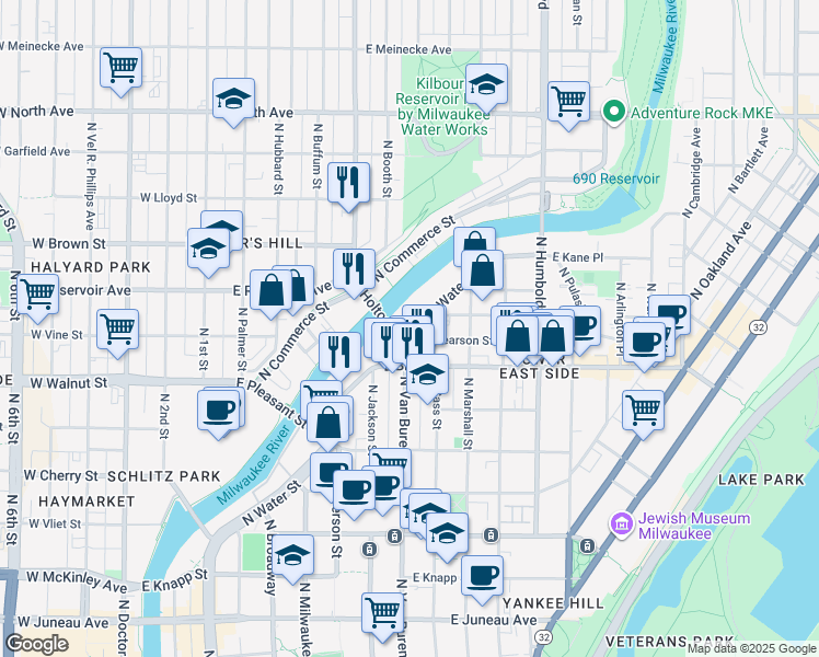 map of restaurants, bars, coffee shops, grocery stores, and more near 1785 North Water Street in Milwaukee