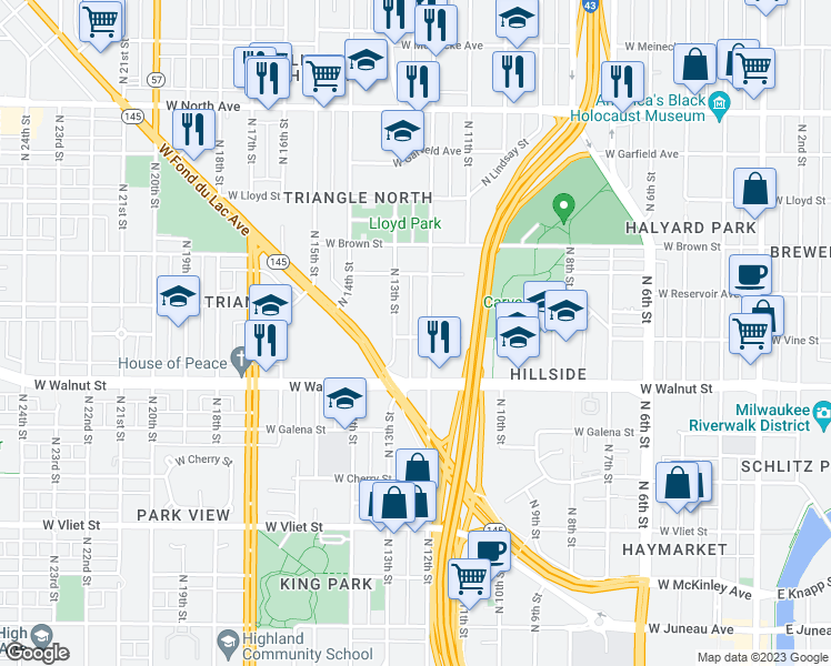 map of restaurants, bars, coffee shops, grocery stores, and more near 1212 West Vine Street in Milwaukee