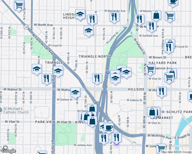 map of restaurants, bars, coffee shops, grocery stores, and more near 1800 North 12th Street in Milwaukee