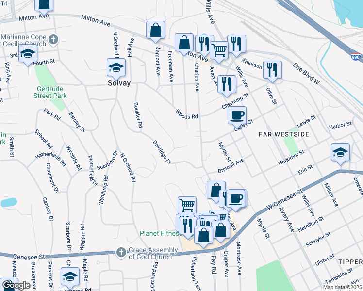 map of restaurants, bars, coffee shops, grocery stores, and more near 105 Upland Circle Drive in Syracuse