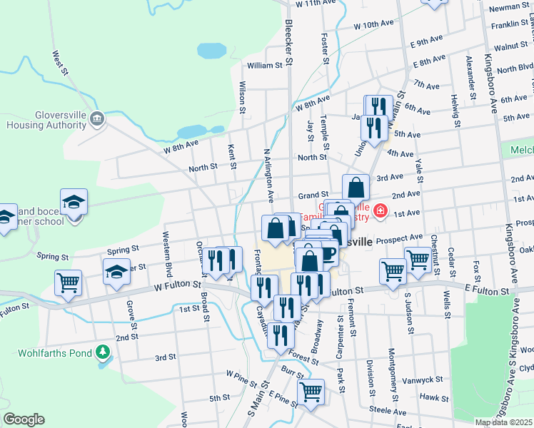 map of restaurants, bars, coffee shops, grocery stores, and more near 87 Grand Street in Gloversville