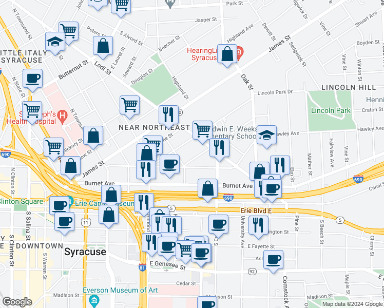 map of restaurants, bars, coffee shops, grocery stores, and more near in Syracuse