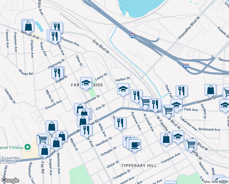 map of restaurants, bars, coffee shops, grocery stores, and more near 110 Herkimer Street in Syracuse
