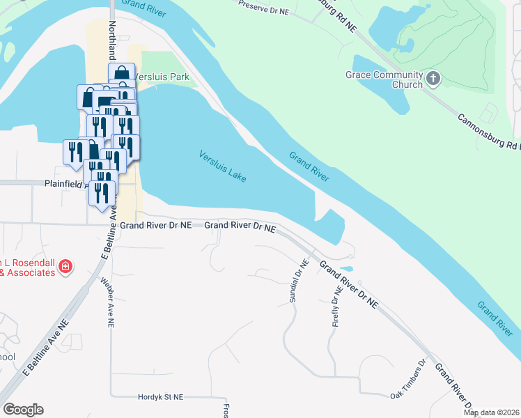 map of restaurants, bars, coffee shops, grocery stores, and more near 3895 Crystal Waters Lane Northeast in Grand Rapids