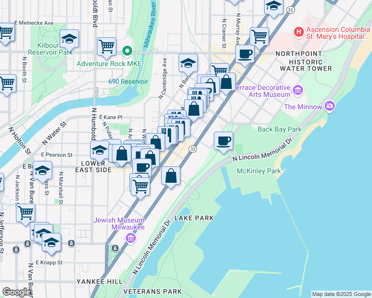 map of restaurants, bars, coffee shops, grocery stores, and more near in Milwaukee