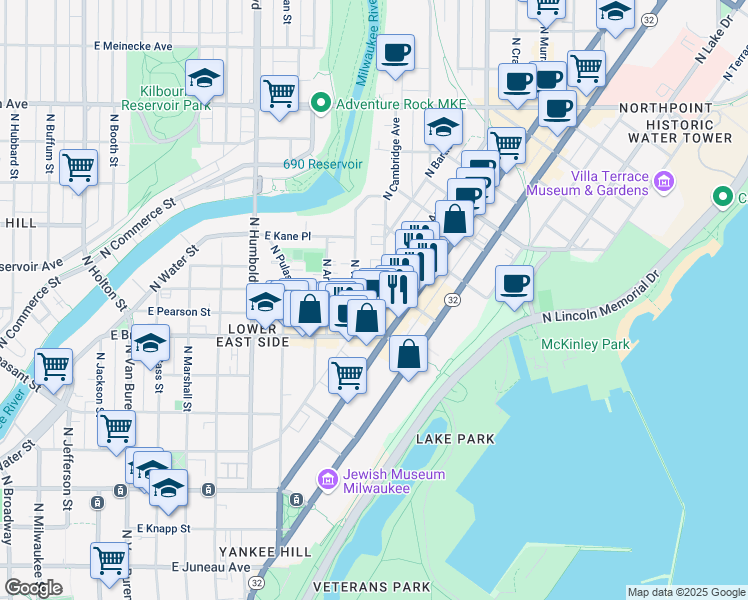 map of restaurants, bars, coffee shops, grocery stores, and more near 1809 North Oakland Avenue in Milwaukee