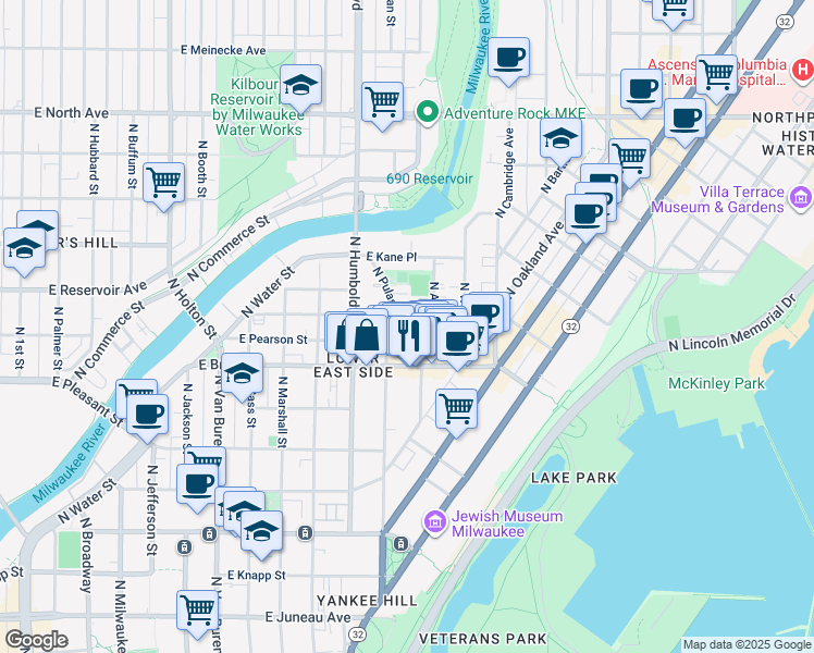 map of restaurants, bars, coffee shops, grocery stores, and more near in Milwaukee