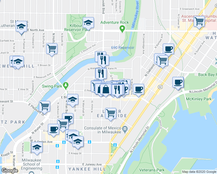 map of restaurants, bars, coffee shops, grocery stores, and more near 1134 East Hamilton Street in Milwaukee