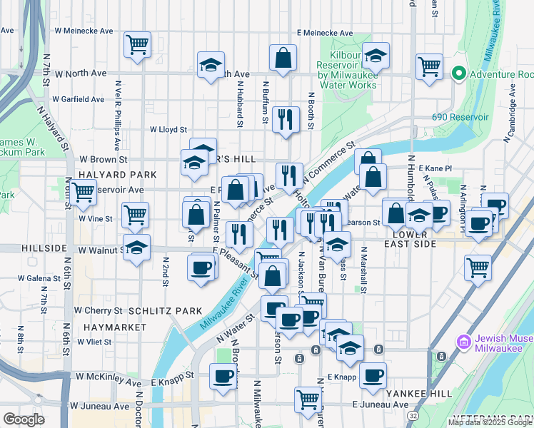 map of restaurants, bars, coffee shops, grocery stores, and more near 1858 North Commerce Street in Milwaukee