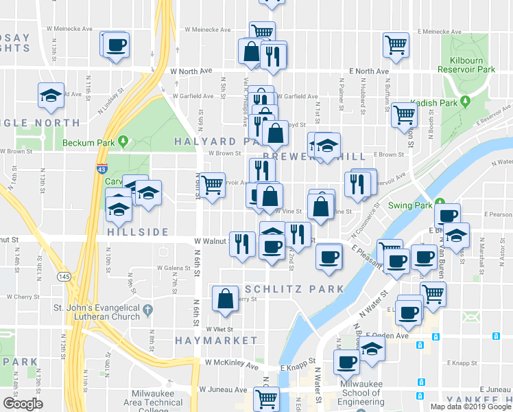 map of restaurants, bars, coffee shops, grocery stores, and more near 1821 North Doctor Martin Luther King Junior Drive in Milwaukee