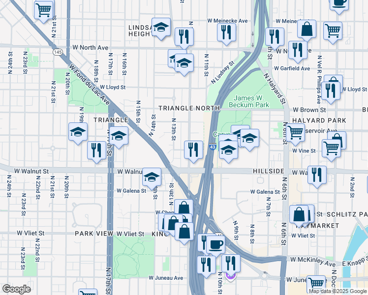 map of restaurants, bars, coffee shops, grocery stores, and more near 1820 North 12th Street in Milwaukee