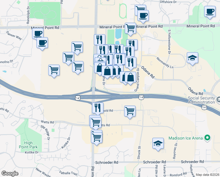 map of restaurants, bars, coffee shops, grocery stores, and more near 680 Grand Canyon Drive in Madison