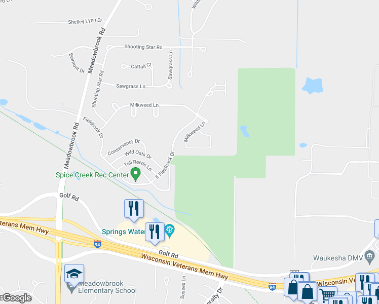 map of restaurants, bars, coffee shops, grocery stores, and more near N16W26543 Meadowgrass Circle in Pewaukee