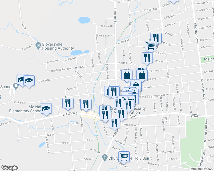 map of restaurants, bars, coffee shops, grocery stores, and more near 105 North Arlington Avenue in Gloversville