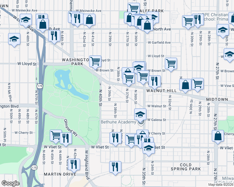 map of restaurants, bars, coffee shops, grocery stores, and more near 3739 West Sarnow Street in Milwaukee