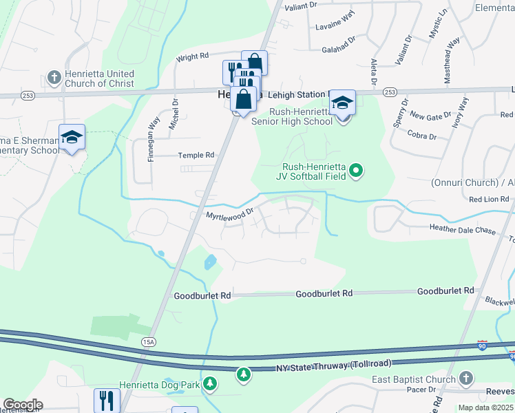 map of restaurants, bars, coffee shops, grocery stores, and more near 154 Myrtlewood Drive in Henrietta