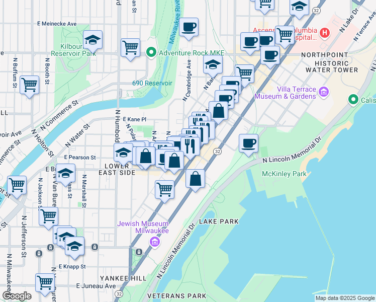 map of restaurants, bars, coffee shops, grocery stores, and more near 1517 East Royall Place in Milwaukee