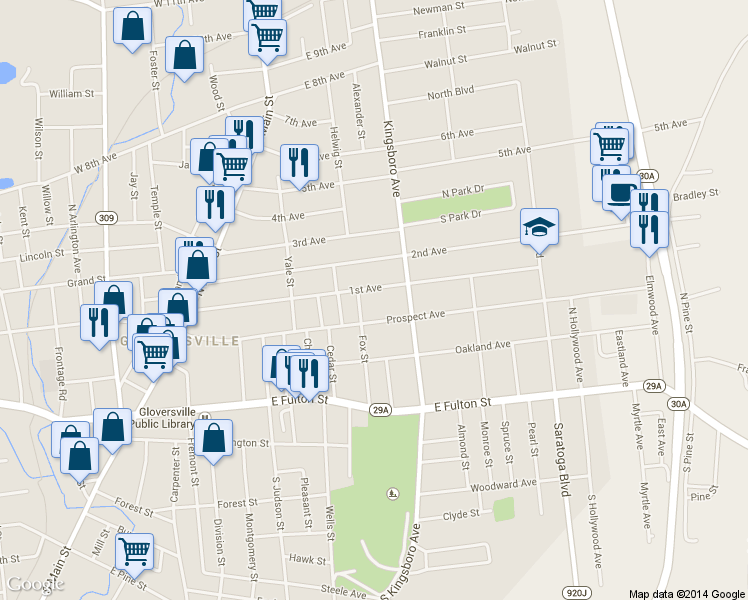 map of restaurants, bars, coffee shops, grocery stores, and more near 120 1st Avenue in Gloversville