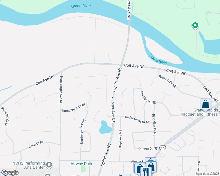 map of restaurants, bars, coffee shops, grocery stores, and more near 5046 Boyd Avenue Northeast in Grand Rapids