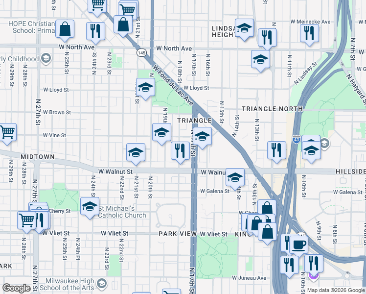 map of restaurants, bars, coffee shops, grocery stores, and more near 1713-1715 West Vine Street in Milwaukee