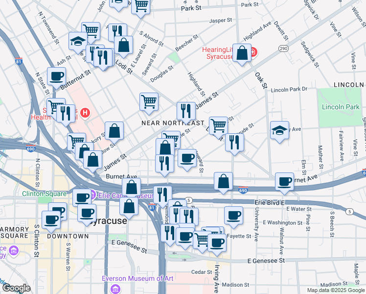 map of restaurants, bars, coffee shops, grocery stores, and more near 127 Green Street in Syracuse