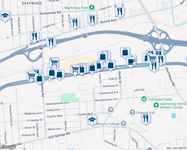map of restaurants, bars, coffee shops, grocery stores, and more near 2780 Erie Boulevard East in Syracuse