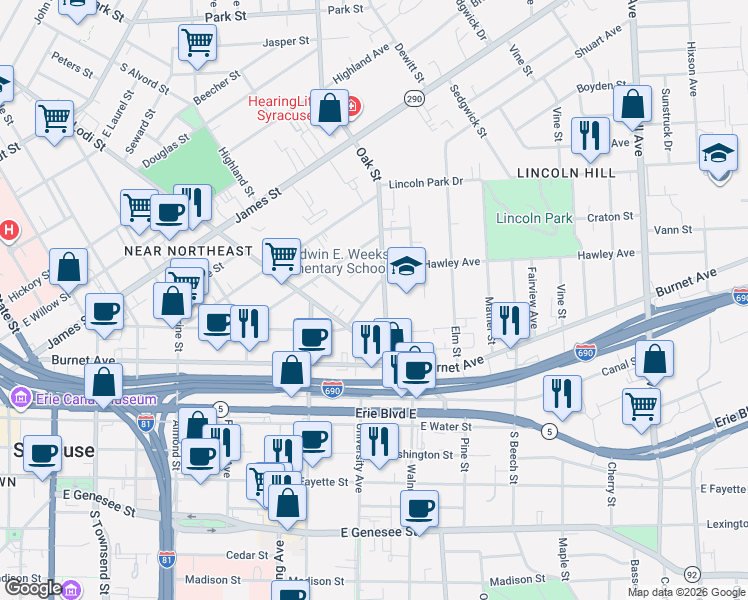 map of restaurants, bars, coffee shops, grocery stores, and more near 621 Hawley Avenue in Syracuse