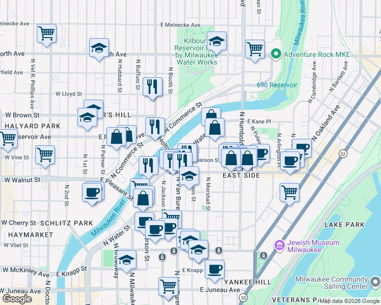map of restaurants, bars, coffee shops, grocery stores, and more near 1781 North Water Street in Milwaukee
