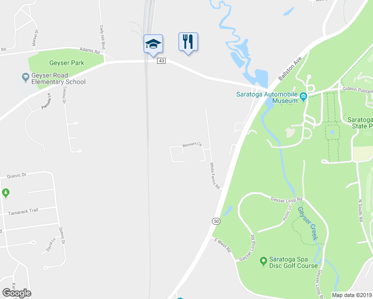 map of restaurants, bars, coffee shops, grocery stores, and more near 35 Preakness Way in Saratoga Springs