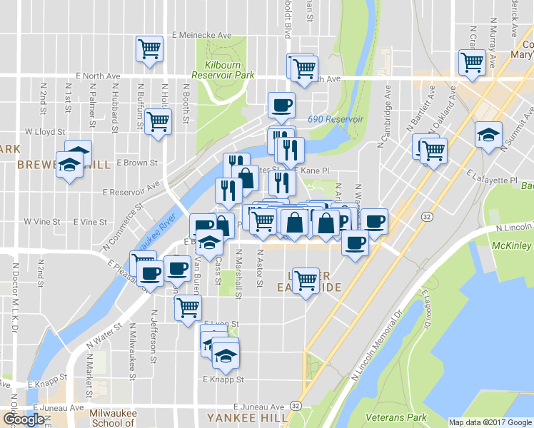 map of restaurants, bars, coffee shops, grocery stores, and more near 1766 North Astor Street in Milwaukee