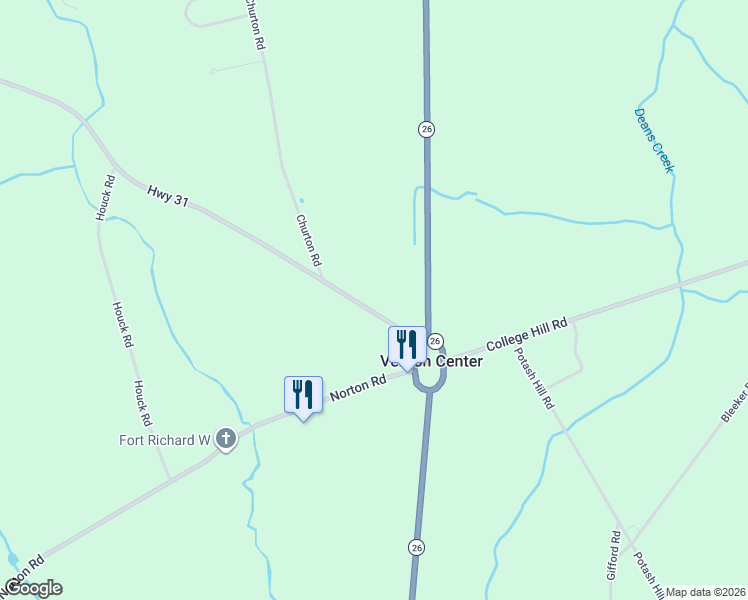 map of restaurants, bars, coffee shops, grocery stores, and more near 5781 N Youngs Rd in Vernon Center