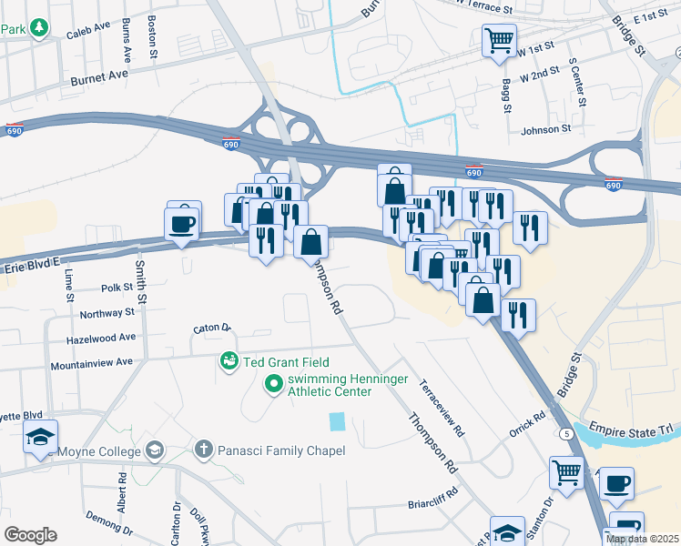 map of restaurants, bars, coffee shops, grocery stores, and more near 5864 Thompson Road in Syracuse