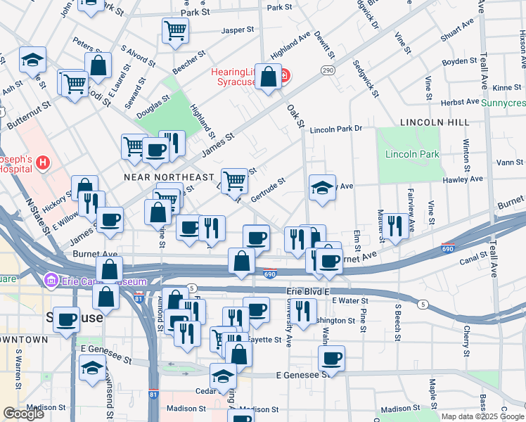 map of restaurants, bars, coffee shops, grocery stores, and more near 106 Fountain Street in Syracuse